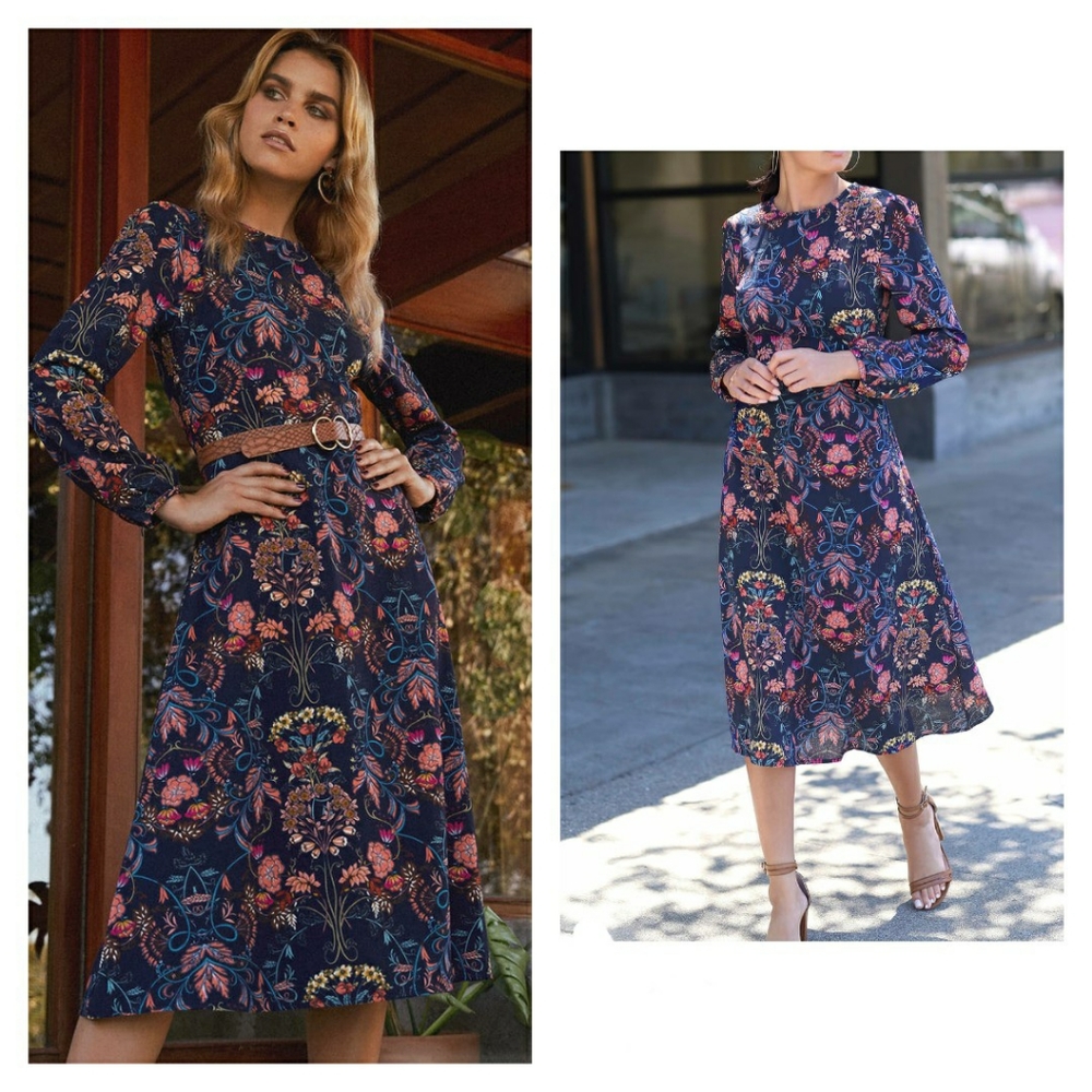 I. Madeline Garden Splendor Navy Blue Floral Midi